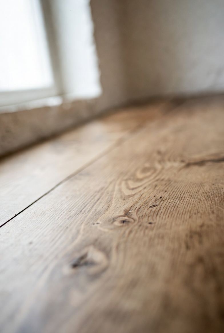 Close-up of wooden surface with beautiful grain and subtle texture illuminated by soft natural light from the side.